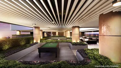 a lobby with a pool table in a building at Air Residences - Elevate Escapes Makati, central location in Manila