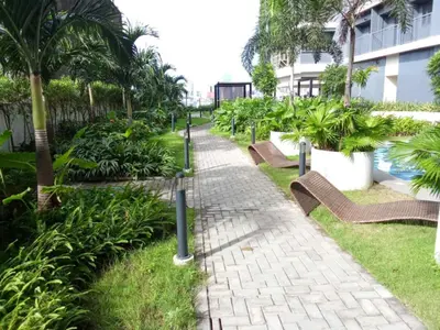 a walkway in a park with benches and palm trees at SMDC Red residences Condominium Makati City in Manila