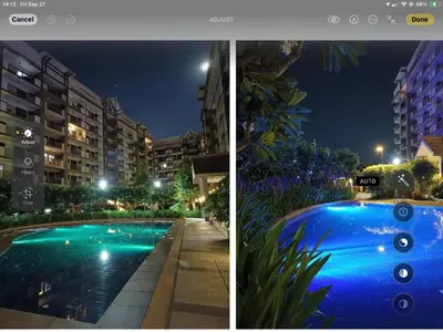 two pictures of a swimming pool at night at Alea Residences Condominium Casa Hayakawa in Manila