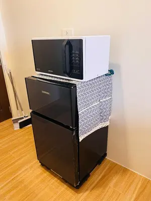 a microwave oven sitting on top of a refrigerator at Tulip Garden Condominium Southwoods in Biñan