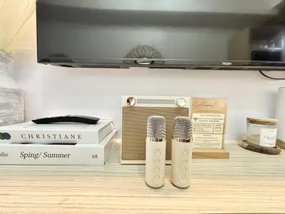 two microphones sitting on a shelf next to a tv at Cozy and Stylish Unit in Fame Residences in Manila
