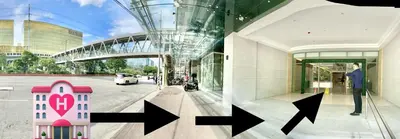 two pictures of a building with arrows pointing to the street at Spacious 2BR Apartment Hotel near City of Dreams, Airport, MOA, Okada, Ayala Malls, and Solaire Casino with free 5 pool access in Manila