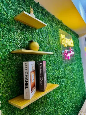 a green wall with two books on a shelf at Azure Parañaque, 1BR Bahamas 15th floor in Manila