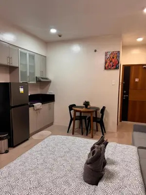 a living room with a kitchen and a table with a cat laying on a bed at Morgan Suites Executive Residences 2 in Manila