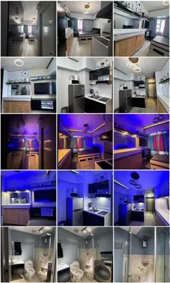 a collage of photos of a kitchen with purple lighting at Studio Unit Amaia Skies Shaw in Manila