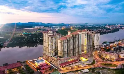 an overhead view of a city with a river and buildings at Diamond Studio in Manila