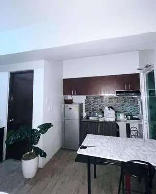 a kitchen with a table and a kitchen with a plant at Kaireese Properties in Manila