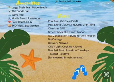 a flyer for a beach party with a starfish and a menu at Azure Resort Residence, 1bedroom with balcony Beach view in Manila