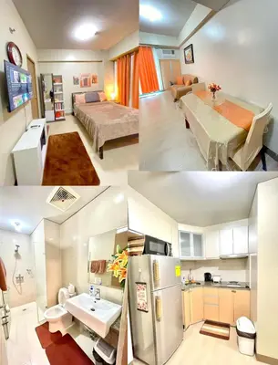 a collage of photos of a kitchen and a living room at ASD Airport Condotel Pasay in Manila