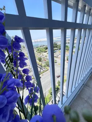 a view of the ocean from a balcony with purple flowers at Unistay SHORE Residence w Balcon Amazing Manila Bay View in Manila