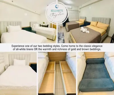 three pictures of a bedroom with two beds at Bella Notte Staycation - SMDC Shore 2 MOA Complex in Manila