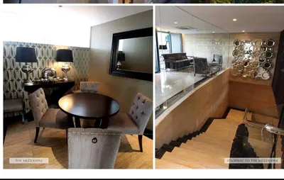 two pictures of a restaurant with a table and a dining room at New York- Inspired Condo in Makati in Manila
