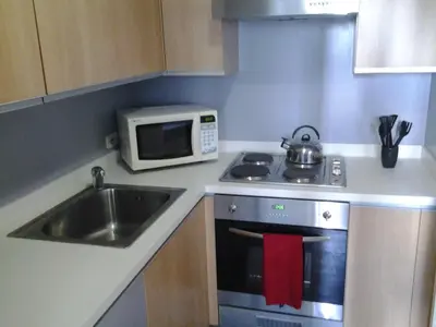 a small kitchen with a stove and a microwave at Private Modern Condo in BGC in Manila