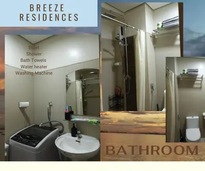 a collage of a bathroom with a sink and a mirror at Experience Sunset by the Breeze in Manila