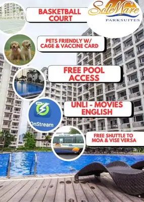 a collage of pictures of buildings with a dog at Staycation Infront of Dfa, Parqual , Ayala Mall, Moa, City of Dreams, Conrad, Solaire, Okada , & NAIA in Manila