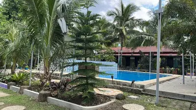 a resort with a palm tree next to a swimming pool at Lenjawi Resort and Events Place in Bitangan