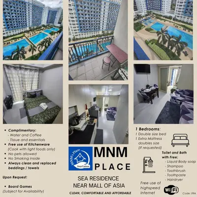 a collage of photos of a hotel room with a pool at MNM Place - Sea Residence 9A in Manila