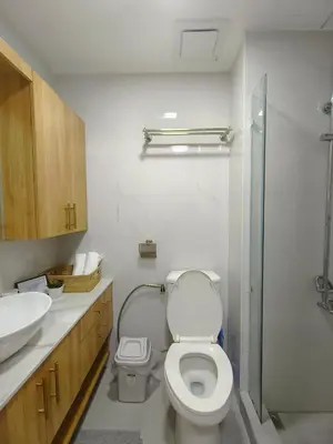 a bathroom with a toilet and a sink and a shower at Cozy Simple Room by Metro Staycation in Manila
