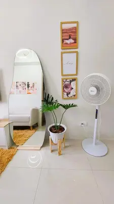 a living room with a potted plant and a mirror at Staycation in Manila near NAIA Airport in Manila