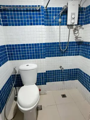 a blue and white bathroom with a toilet and a shower at Marbella Tower 2 in Manila