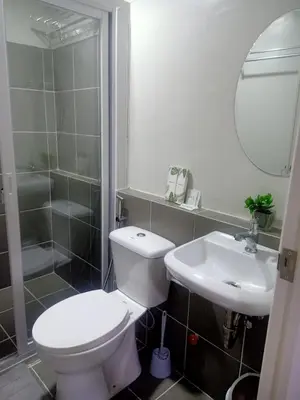 a bathroom with a toilet and a sink and a shower at Coho Staycation with Free swimming in Las Pinas in Manila