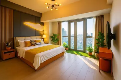 a bedroom with a large bed and large windows at Rare 3BR Modern Penthouse in BGC II Sleeps 12pax in Manila