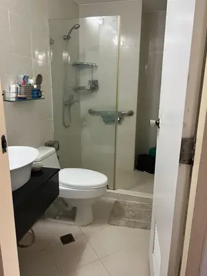 a bathroom with a shower and a toilet and a sink at Spacious 2 Bed & 2 Bath Condo in Newport City in Manila