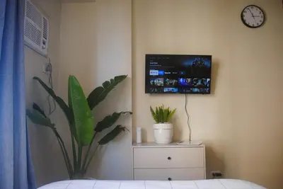 a room with a tv on a wall with a plant at Studio Near Mall & Airport! in Manila