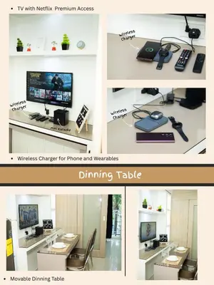 a collage of four pictures of a room with a computer at Relaxing Staycation Near MOA in Manila