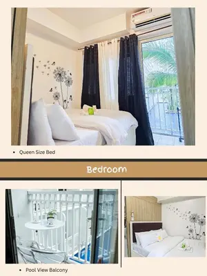 two pictures of a bedroom with a bed and a window at Relaxing Staycation Near MOA in Manila
