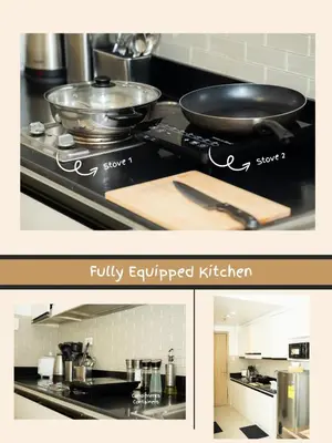 a collage of two pictures of a kitchen with a pan on a stove at Relaxing Staycation Near MOA in Manila