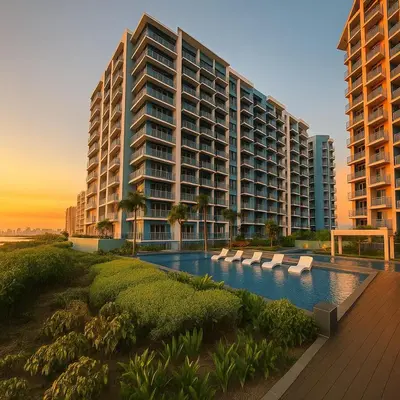 a large building with a swimming pool in front of it at Ultra Luxury 6BR near Solaire, Okada, & Airport in Manila