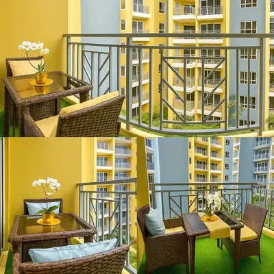 a collage of images of a balcony with a table and chairs at Spacious 2BR near Solaire, Okada, Airport in Manila