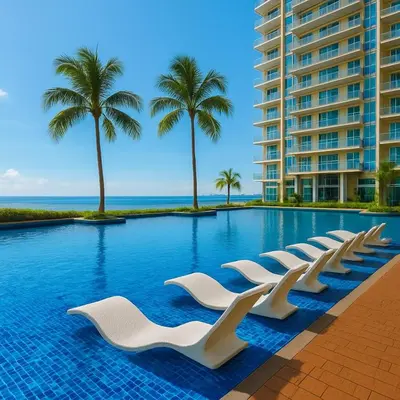 a swimming pool with white chairs and palm trees at Luxury 3BR near Solaire, Airport II Infinity Pool in Manila