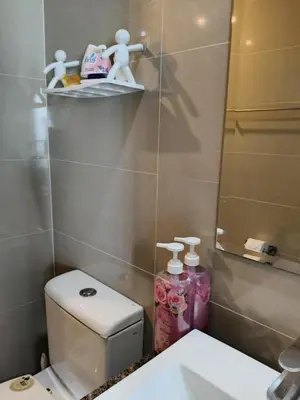 a bathroom with a toilet and a sink and a mirror at LDN II Palm Tree Villa NAIA 3 in Manila