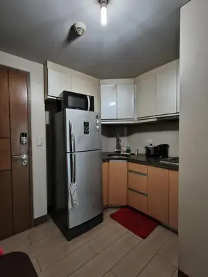 a kitchen with a stainless steel refrigerator and cabinets at LDN II Palm Tree Villa NAIA 3 in Manila