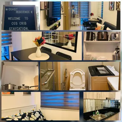 a collage of photos of a kitchen with a sink at CGS Crib staycation in Manila