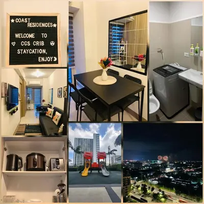a collage of photos of a kitchen and a bathroom at CGS Crib staycation in Manila