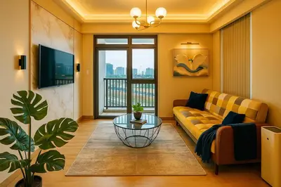 a living room with a couch and a table at 1BR with Queen Bed and Balcony, Walk to Okada in Manila