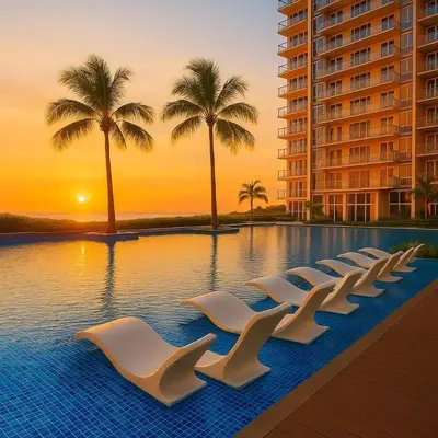 a swimming pool with white chairs and palm trees at Modern & Cozy 3BR near Okada, Solaire, Airport in Manila