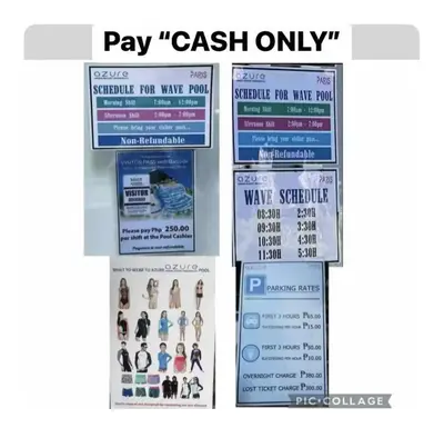 a group of signs that say pay cash only at 400MBPS! 3Beds 1217 Azure Urban Beach Spa Mall Resto in Manila