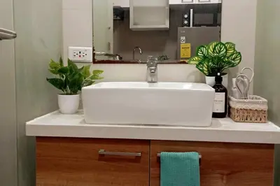 a bathroom sink with two potted plants on it at Cozy Condo near BGC and Ortigas with free Gym & Pool in Manila
