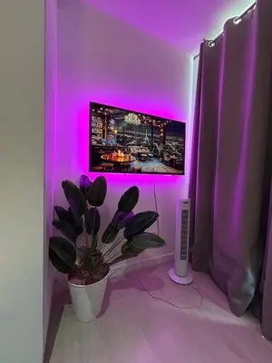 a purple room with a tv and a potted plant at 1BR Condotel in Azure Urban Resort Near NAIA #TRO3 in Manila