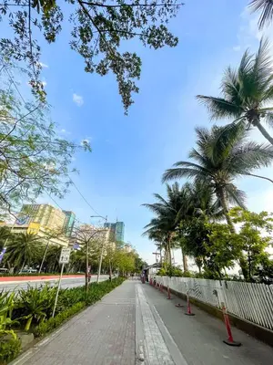 an empty street with palm trees and a fence at Spacious 3BR near US Embassy, Manila Ocean Park in Manila