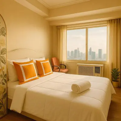 a bedroom with a large bed with orange pillows and a window at Elegant 2BR Manila Bay Sunset near US Embassy in Manila