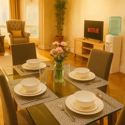 a dining room table with plates and flowers on it at Elegant 2BR Manila Bay Sunset near US Embassy in Manila