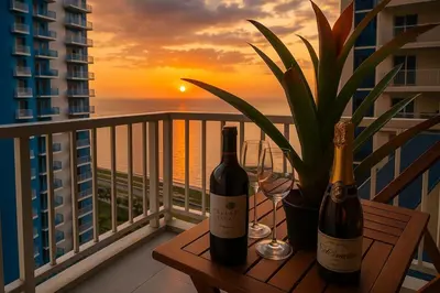 two bottles of wine sitting on a table on a balcony at Cozy 1BR near Solaire, Okada, Mall of Asia in Manila