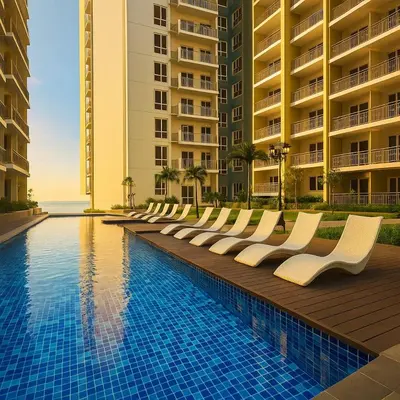a row of white chairs sitting next to a swimming pool at Cozy 1BR near Solaire, Okada, Mall of Asia in Manila