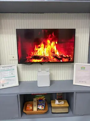 a tv on a wall with a fire in it at Azul Paradise in Manila