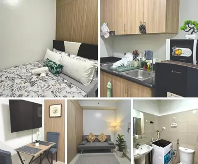 a collage of four pictures of a kitchen and a living room at Legit Staycation walking distance to Mall of Asia located in Shore1 and 2 Residences in Manila